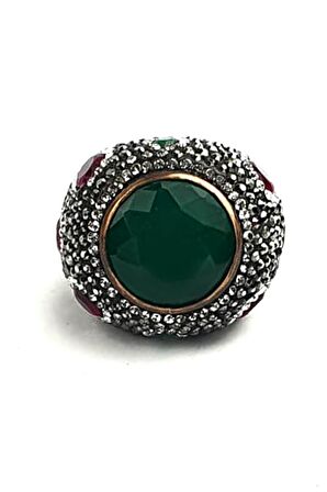 Kök zümrüt taşlı swarovski taş detaylı gümüş tasarım yüzük