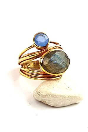 Kalsedon ve rutil kuvars taşlı rose el işi tasarım yüzük