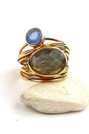 Kalsedon ve rutil kuvars taşlı rose el işi tasarım yüzük