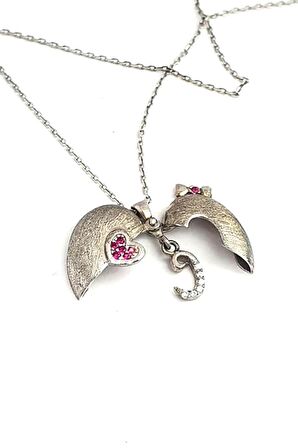 Pembe zirkon taş detaylı gümüş kalpli aşk kolyesi 