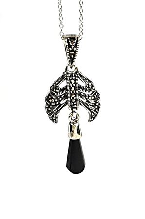 oniks taşlı markazit taş detaylı gümüş tasarım kolye 