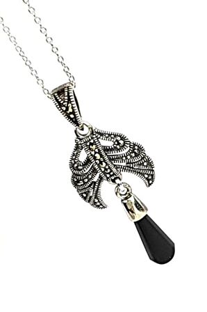 oniks taşlı markazit taş detaylı gümüş tasarım kolye 