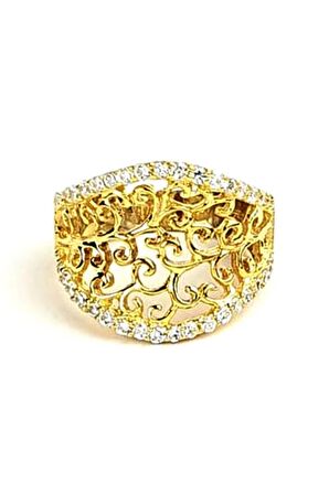 Zirkon taş detaylı italyan tasarımı gümüş üzerine altın kaplama lüks yüzük