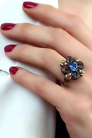 Granat aquamarin taşlı gümüş rose yüzük 