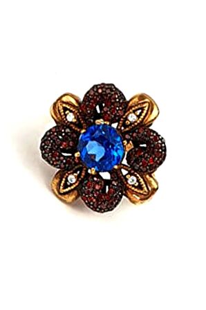 Granat aquamarin taşlı gümüş rose yüzük 