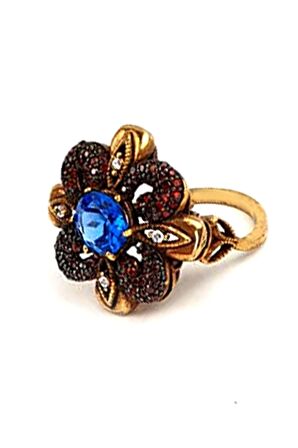 Granat aquamarin taşlı gümüş rose yüzük 