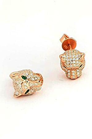 Pırlanta ışıltısında zirkon taşlı italyan tasarımı 925ayar gümüş rose lüks Kaplan küpe