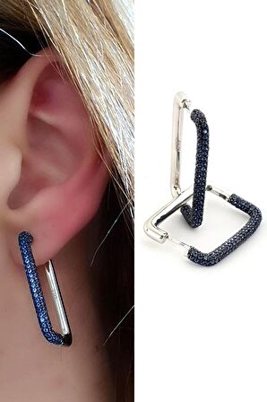 Mavi zirkon taş detaylı italyan tasarımı 925 ayar gümüş lüks dikdörtgen küpe 