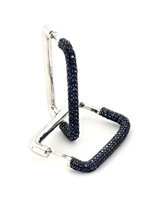 Mavi zirkon taş detaylı italyan tasarımı 925 ayar gümüş lüks dikdörtgen küpe 