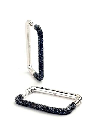 Mavi zirkon taş detaylı italyan tasarımı 925 ayar gümüş lüks dikdörtgen küpe 