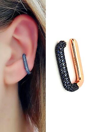 Mavi zirkon taş detaylı italyan 925 ayar gümüş rose sıkıştırmalı kıkırdak küpesi