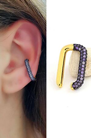 Mor nano Ametist taşlı italyan tasarımı 925ayar gümüş üzerine altın kaplama sıkıştırmalı kıkırdak küpesi 