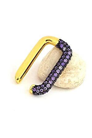 Mor nano Ametist taşlı italyan tasarımı 925ayar gümüş üzerine altın kaplama sıkıştırmalı kıkırdak küpesi 