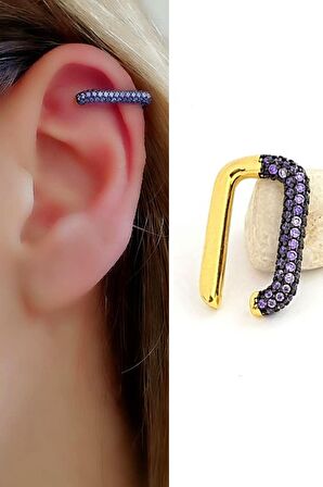 Mor nano Ametist taşlı italyan tasarımı 925ayar gümüş üzerine altın kaplama sıkıştırmalı kıkırdak küpesi 