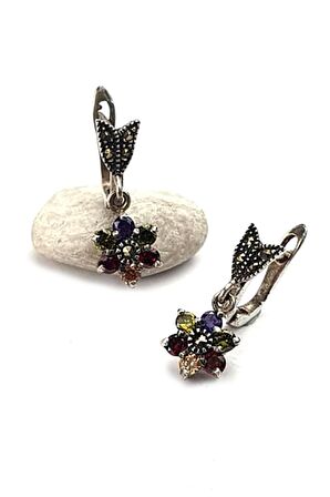 Renkli zirkon taşlı markazit taş detaylı 925 ayar gümüş küpe