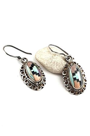 Mozaik işlemeli onik mercan turkuaz taşlı gümüş tasarım küpe 