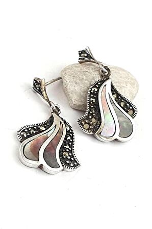 Kaplan sedef taşlı markazit taş detaylı gümüş küpe 