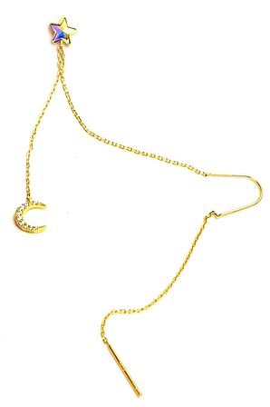 Ay yıldız figürlü çift deliğe takılan gümüş üzerine altın kaplama trend zincir küpe