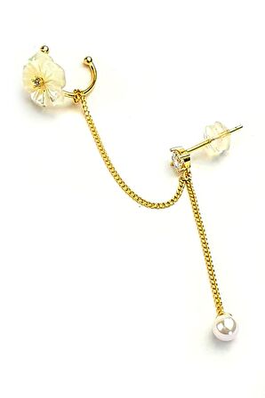 El isi sedef manolya figürlü gümüş altın kaplama zincirli kıkırdak küpesi 