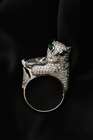 Pırlanta ışıltısında zirkon taşlı italyan tasarımı 925ayar gümüş lüks Kaplan tek taş yüzük 