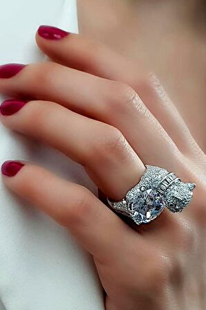 Pırlanta ışıltısında zirkon taşlı italyan tasarımı 925ayar gümüş lüks Kaplan tek taş yüzük 