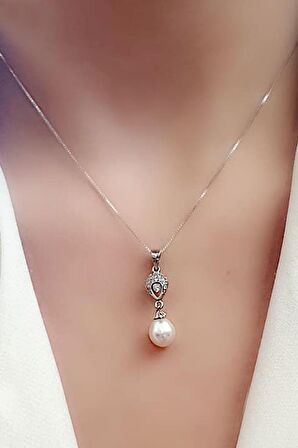 Zirkon taşlı 925 ayar gümüş zarif inci kolye 