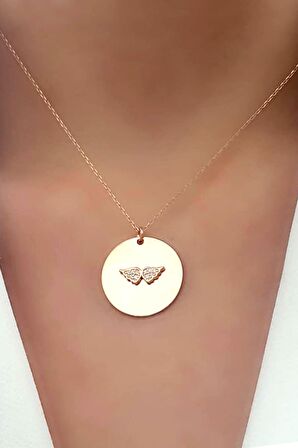 Melek kanadı figurlu 925 ayar gümüş rose plaka kolye 