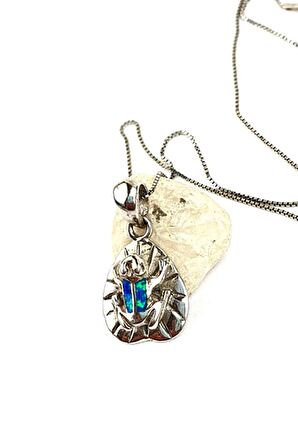 Kurbağa figürlü lotus çiçeği detaylı opal taşlı 925 ayar gümüş kolye 
