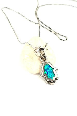 Opal taşlı fatmanın eli figürlü 925 ayar gümüş minimal kolye