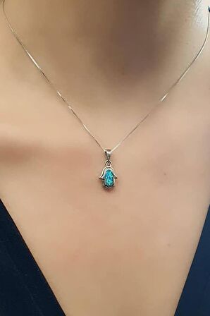 Opal taşlı fatmanın eli figürlü 925 ayar gümüş minimal kolye
