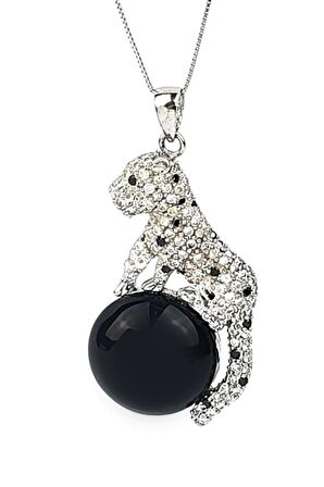 Oniks taşlı zirkon taş detaylı Kaplan figürlü İtalyan tasarımı 925 ayar gümüş kolye