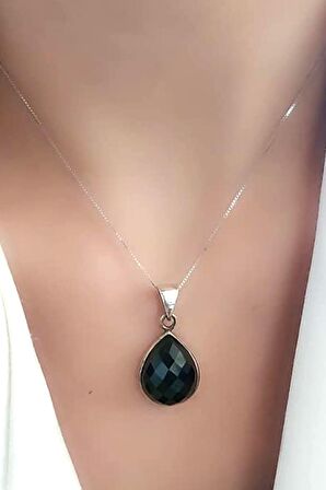 Faset kesim oniks taşlı 925ayar gümüş damla kolye 