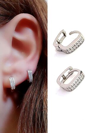 çift sıra zirkon taşlı 925 ayar gümüş minimal halka cift küpe 1cm 