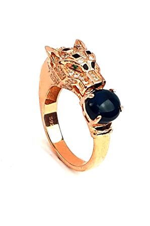 Lacivert zirkon taşlı 925ayar gümüş rose lüks Kaplan yüzük 