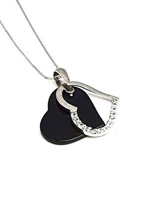 oniks taşlı zirkon taş detaylı 925 ayar gümüş kalp kolye