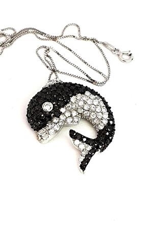 Oniks ve zirkon taşlı 925 ayar gümüş tasarım yunus kolye 