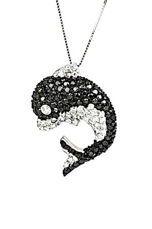 Oniks ve zirkon taşlı 925 ayar gümüş tasarım yunus kolye 