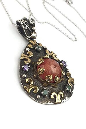 Kök yakut taşlı 925 ayar gümüş tasarım el işi lüks kolye