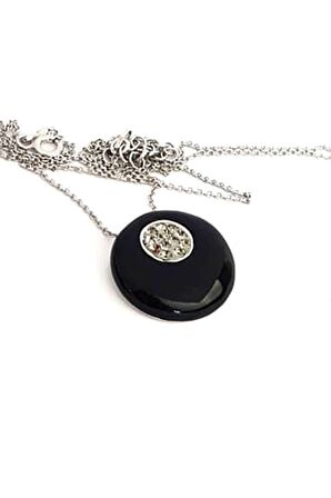 Siyah mineli swarovski taşlı 925 ayar gümüş kolye 