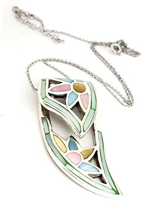 Renkli sedef taşlı 925 ayar gümüş tasarım kolye 