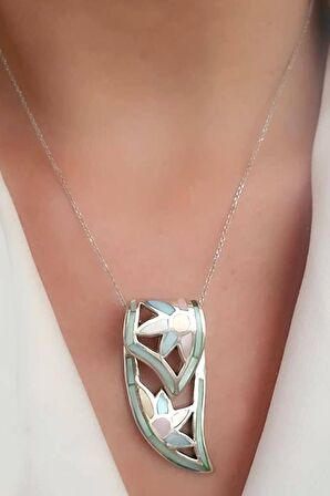 Renkli sedef taşlı 925 ayar gümüş tasarım kolye 