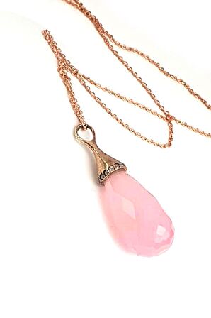 Faset kesim 925 ayar gümüş rose doğal pembe kuvars taşlı kolye