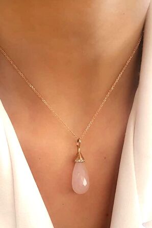 Faset kesim 925 ayar gümüş rose doğal pembe kuvars taşlı kolye