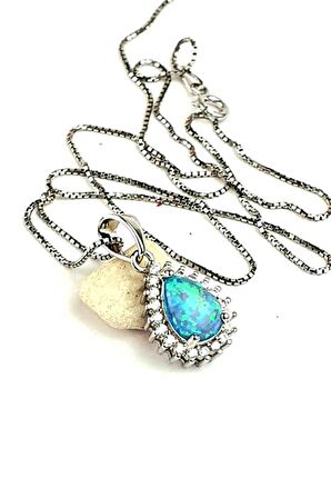 Zirkon taş detaylı opal taşlı italyan 925 ayar gümüş damla kolye