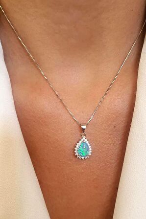 Zirkon taş detaylı opal taşlı italyan 925 ayar gümüş damla kolye