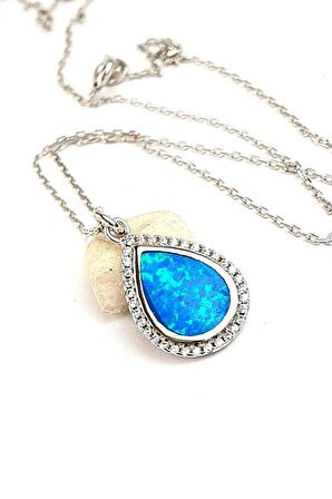 Zirkon taş detaylı opal taşlı italyan 925 ayar gümüş damla kolye