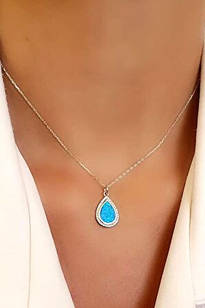 Zirkon taş detaylı opal taşlı italyan 925 ayar gümüş damla kolye