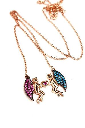 Pembe ve mavi zirkon taşlı melek figürlü 925 ayar gümüş rose aşk kolyesi 