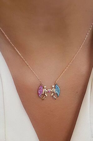 Pembe ve mavi zirkon taşlı melek figürlü 925 ayar gümüş rose aşk kolyesi 