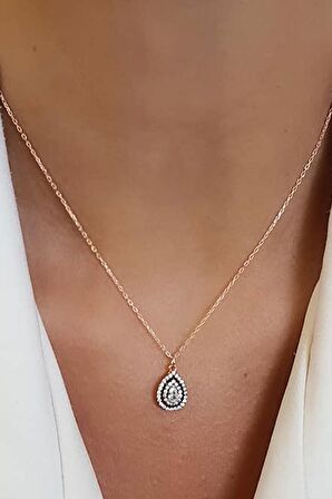 Elmas isciliginde zirkon taşlı 925ayar gümüş rose damla kolye 